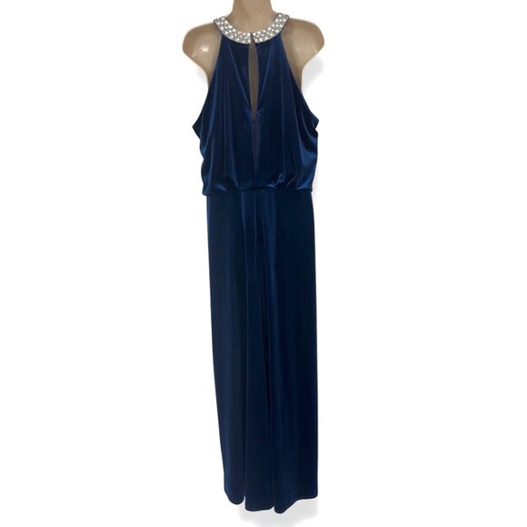 Marina Midnight Blue Velvet Blouson Embellished Long Gown Size 16W 1X Dress Plus - Picture 4 of 9